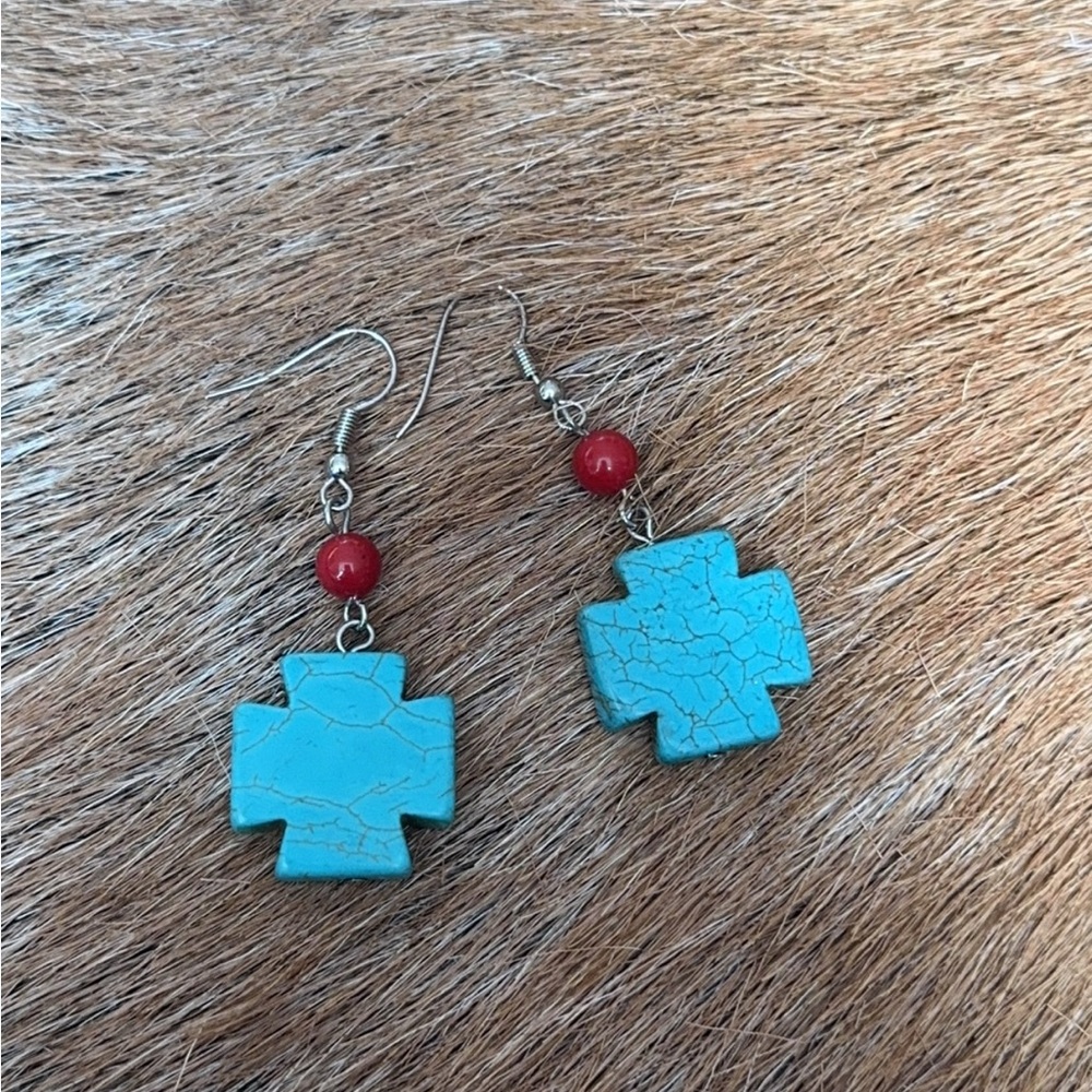 Turquoise and Red Cross Earrings